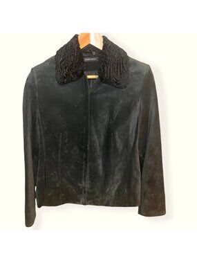 Valerie Stevens Black Leather Jacket Faux Fur Collar Medium Fully Lined